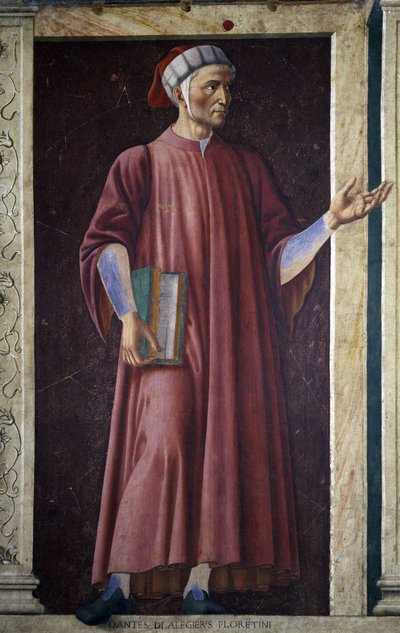 Dante Alighieri kuuluisien miesten ja naisten Villa Carducci -sarjasta, n. 1450 (kankaalle asetettu fresko) tekijältä Andrea del Castagno