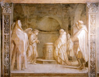 Enkeli ilmoittaa Zakariaksen lapsen syntymästä, yksityiskohta Andrea del Sarton (1486-1530) Neitsyttarinasta, yksivärinen fresko, Scalzon luostari, Firenze tekijältä Andrea del Sarto