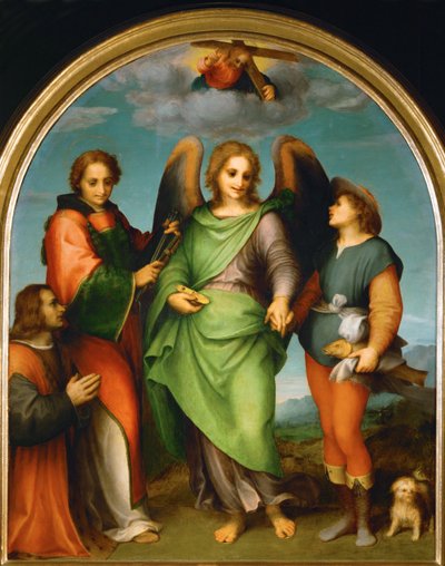 Arkkienkeli Rafael ja Tobias, Pyhä Laurentius ja lahjoittaja, Leonardo di Lorenzo Morelli (maalaus puulle) tekijältä Andrea del Sarto