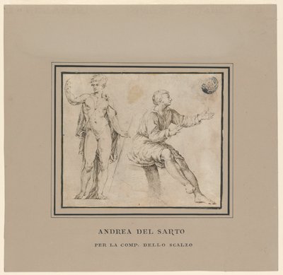 Luonnoksia alastonhahmosta klassisessa asennossa ja istuvasta hahmosta tekijältä Andrea del Sarto