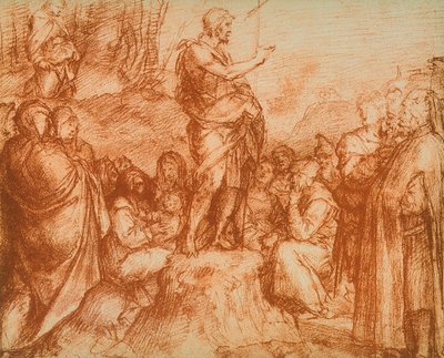 Pyhä Johannes Kastaja saarnaa väkijoukoille, valmisteleva tutkimus freskoon Chiostro dello Scalzossa, piirustus Andrea del Sarto. Piirustus- ja grafiikkakaappi, Uffizi-galleria, Flor tekijältä Andrea del Sarto