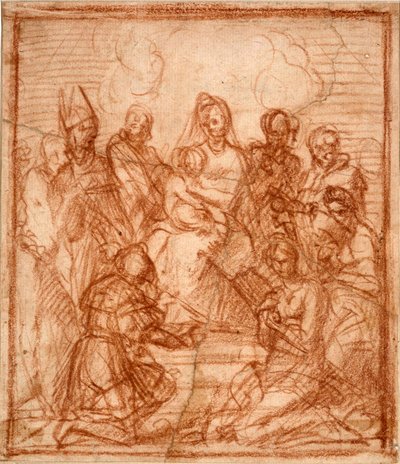 "Madonna ja lapsi valtaistuimella kahdeksan pyhimyksen kanssa" (Tronistuneella Madonna lapsen ja kahdeksan pyhimyksen kanssa (Sävellystutkimus)) Andrea del Sarton (1486-1531) sangviinipiirustus 1528 Sanguine paperille Koko 15,6x13,5 cm Staatliche Museen, B tekijältä Andrea del Sarto