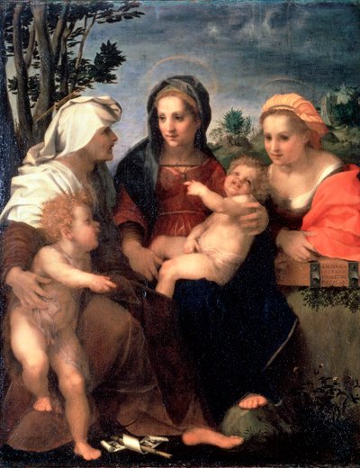 Neitsyt ja lapsi pyhien Katariinan, Elisabetin ja Johannes Kastajan kanssa, 1510-luku. tekijältä Andrea del Sarto