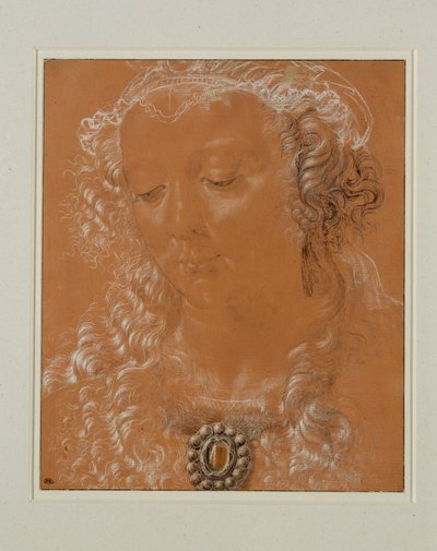 Naisen pää, silmät alaspäin, kääntynyt hieman vasemmalle ... tekijältä Andrea del Verrocchio