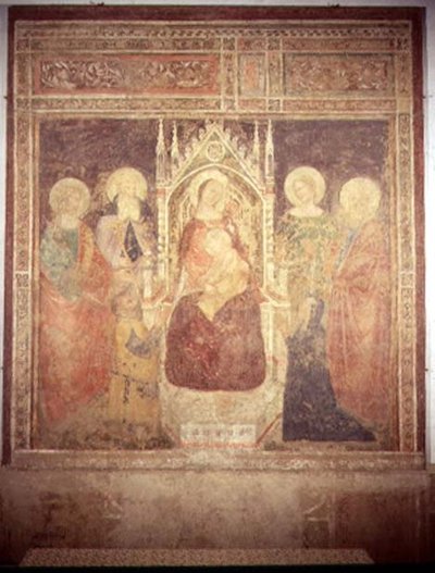 Madonna ja lapsi SS: llä. Elia, Johannes Kastaja, Nicolas ja Leonard (fresko) tekijältä Andrea di Bonaiuto (fl.1343 77)