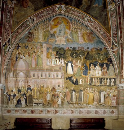 Katolisen kirkon ja dominikaanisen ritarikunnan voitto. Spagniardien kappeli (Fresko tekijältä Andrea di Bonaiuto (fl.1343 77)