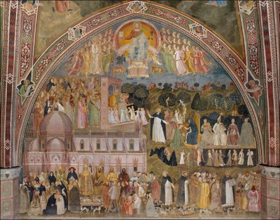Triumph of the Church, Church Militant and Triumphant Vaihtoehtoinen nimi(t):  Allegoria aktiivisesta ja voittoisasta kirkosta ja dominikaanijärjestöstä: Allegory of the Active and Triumphant Church and the Dominican order tekijältä Andrea di Bonaiuto