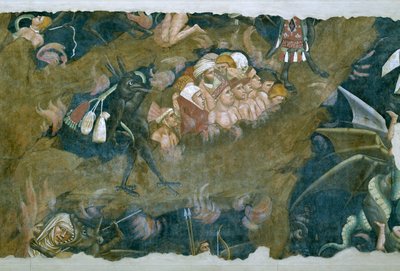 Kuoleman riemuvoitto, yksityiskohta kadotetuista helvetin kuopassa, fresko vuodelta 1348. tekijältä Andrea di Cione Orcagna