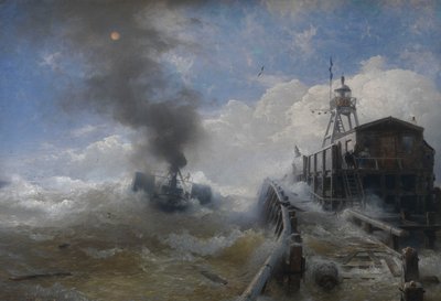 Hinaaja lähtee Ostenden satamasta nousuveden aikaan tekijältä Andreas Achenbach