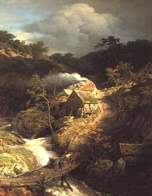 Vuoristoinen maisema, jossa virtaa tekijältä Andreas Achenbach