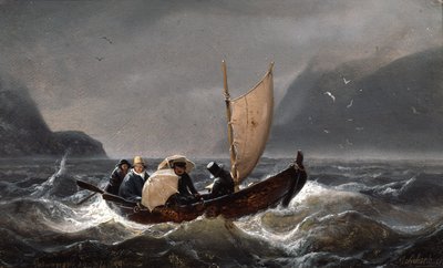 Taiteilijat myrskyisellä säällä Sognefjordenissa tekijältä Andreas Achenbach
