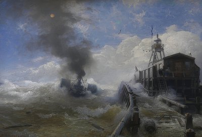 Hinaaja lähtee Oostenden satamasta nousuveden aikaan. 1878 tekijältä Andreas Achenbach