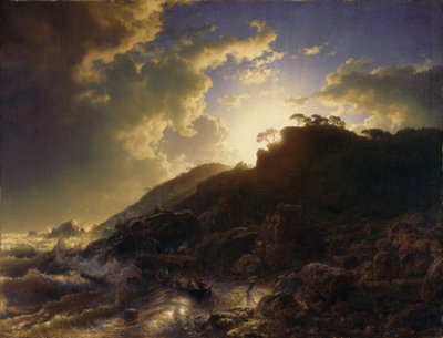 French: Coucher de soleil après une tempête sur la côte de la Sicile Auringonlasku myrskyn jälkeen Sisilian rannikolla. tekijältä Andreas Achenbach