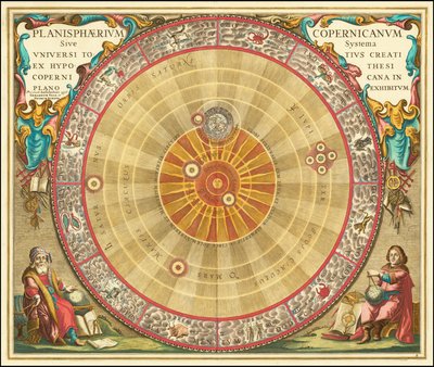 1660 Kopernikaaninen tähtitieteellinen kaavio, joka muodostuu samankeskisistä ympyröistä. tekijältä Andreas Cellarius