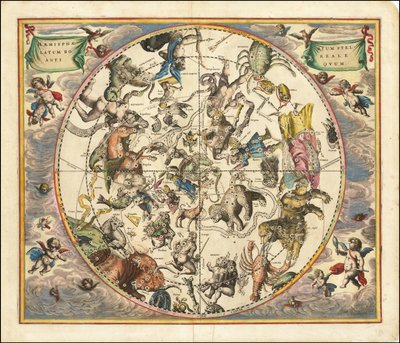 Vuoden 1660 taivaankartta, jossa pohjoisen pallonpuoliskon tähtikuviot on sijoitettu maan eteläisen pallonpuoliskon päälle. tekijältä Andreas Cellarius