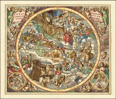 1660 tähtikartta kristillisen symboliikan mukaisista tähtikuvioista. tekijältä Andreas Cellarius