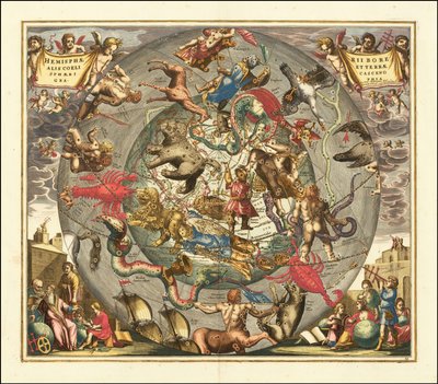 Vuoden 1708 taivaankartta - Haemisphaerii Borealis Coeli et Terrae Sphaeri Cascenographia - Haemisphaerii Borealis Coeli et Terrae Sphaeri Cascenographia tekijältä Andreas Cellarius
