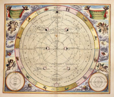 Kuun vaiheet ja sen kiertorata, kaiverrus Harmonia Macrocosmicasta, Andreas Cellarius (1596-1665) tekijältä Andreas Cellarius