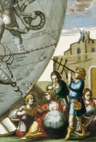 Tiedemiehet (astrologit ja tähtitieteilijät), jotka tutkivat maapalloja ja taivaskarttaa, yksityiskohta Andreas Cellariuksen (1596-1665) Atlas Coelestis seu Harmonia Macrocosmicasta tekijältä Andreas Cellarius