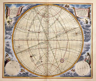 Planeettojen ja tähtien liikeradat maasta katsottuna, kaiverrus Harmonia Macrocosmicasta, Andreas Cellarius (1596-1665) tekijältä Andreas Cellarius