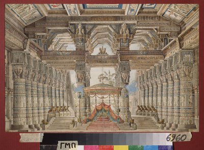 Valmisteleva sisustus Cesar-balettia varten Egyptissä. Andreas Leonhard Rollerin (1805-1891) työ, akvarelli ja guassi paperille tekijältä Andreas Leonhard Roller