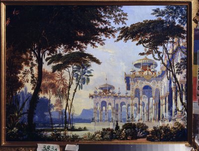Palatsi - Mihail Glinkan (1804-1857) oopperan "Rouslan ja Ljudmila" valmisteleva sisustus - M Glinkan Ruslan ja Ljudmila -oopperan lavastus - Andreas Leonhard Rollerin (1805-1891) työ, akvarelli ja guassi paperille tekijältä Andreas Leonhard Roller