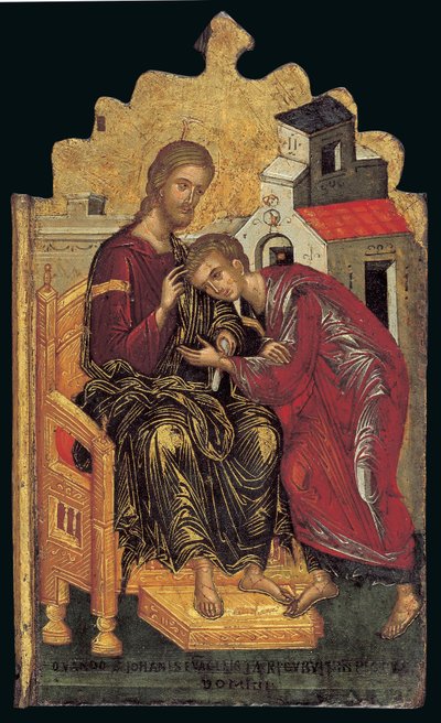 Pyhä Johannes Teologi hyväksyy Kristuksen siunauksen (vasen triptyykin paneeli) (munan tempera paneelissa) tekijältä Andreas Rico