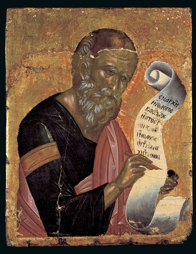 Pyhä Johannes teologi, kirjoittaa ilmoituksiaan avoimelle käärölle (munan tempera paneelissa) tekijältä Andreas Rico