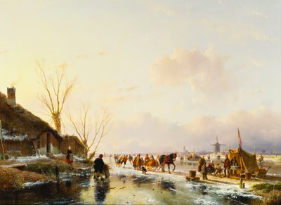 Luistelijat boothin luona jäätyneellä joella, 1850 tekijältä Andreas Schelfhout