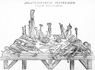 Dissektiovälineet, kuvitus teoksesta "Ihmiskeho" tekijältä Andreas Vesalius
