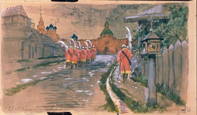 Katupartio Iljinski-portilla vanhassa Moskovassa. Andrei Petrovitš Ryabushkin (Riaboutchkine) (1861-1904) työ, akvarelli paperille tekijältä Andrei Petrovich Ryabushkin