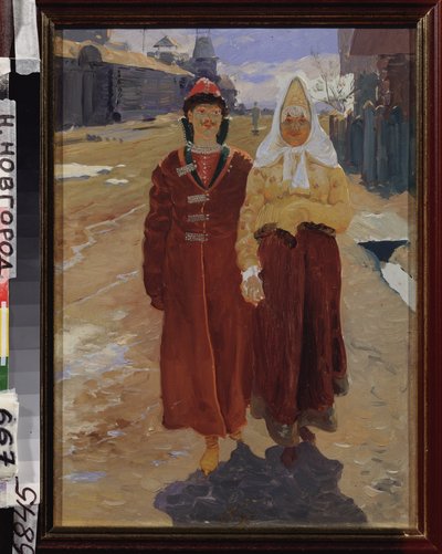 Vieraileva retki. (pari eleganttia bojaaria (boiaaria, boiaaria) perinteisissä vaatteissa kävelemässä puutalokylän kadulla.) Andrei Petrovitš Rjabushkinin (Riaboutchkine) maalaus (1861-1904), öljy kankaalle tekijältä Andrei Petrovich Ryabushkin