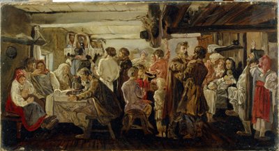 Talonpoikahäät Tambovin alueella (Venäjä). (Talonpoikahäät Tambovin alueella). Andrei Petrovitš Rjabushkinin (Riaboutchkine) (1861-1904) maalaus, öljy kankaalle, noin 1880. 1800-luvun venäläistä taidetta. Valtion Tretjakovin galleria, Moskova. tekijältä Andrei Petrovich Ryabushkin
