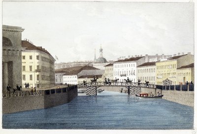Le Pont Bolshoi Koniushennyi Pietarissa. (Bolshoi Koniushennyi-silta Pietarissa). Andrei Jefimovitš Martynovin litografia ja akvarelli (1768-1826) tekijältä Andrei Yefimovich Martynov