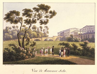 Näkymä Cameron-galleriaan Tsarskoje Selon puistossa ennen vuotta 1817 tekijältä Andrei Yefimovich Martynov
