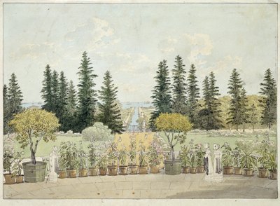 Näkymä Suuren Oranienbaumin palatsin terassilta Lomonossovissa, Pietarin taajamassa (Näkymä Suuren Oranienbaumin palatsin terassilta). Andrei Jefimovitš Martynovin (1768-1826) teos, akvarelli paperille tekijältä Andrei Yefimovich Martynov