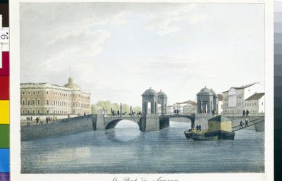 Näkymä Simeonin sillalle Pietarissa. (Simeonin silta Pietarissa). Andrei Jefimovitš Martynovin litografia ja akvarelli (1768-1826) tekijältä Andrei Yefimovich Martynov