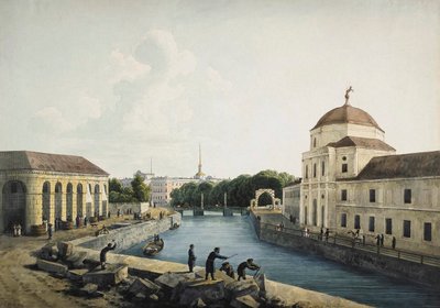 Näkymä Moika-joelle keisarillisen tallin luona, Pietari, Venäjä, 1809. tekijältä Andrej Martynoff