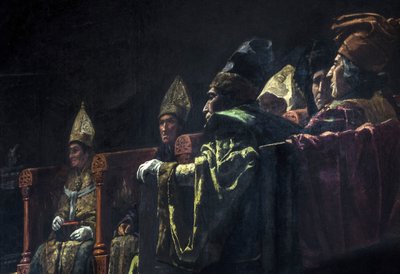 Compromis de Caspe (1412) - Historiallinen maalaus : Caspen kompromissi, Parlade y Heredia, Andres (1859-1933) tekijältä Andres Parlade y Heredia