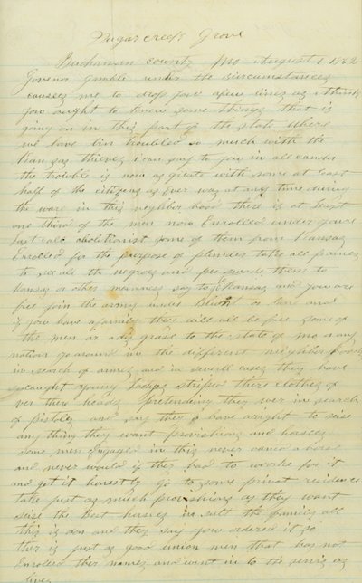 Andrew Brownlow, Buchanan County, Mo., kirje kuvernööri Gamblelle [Hamilton R.Gamble], 1. elokuuta 1862 tekijältä Andrew Brownlow