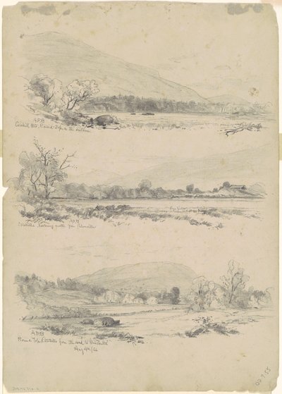 Catskill-vuoret, pyöreä huippu kaukaa; Catskills Looking North Palenvillestä; ja Round Top, Catskills, Road to Bracketts [verso] tekijältä Andrew Fisher Bunner
