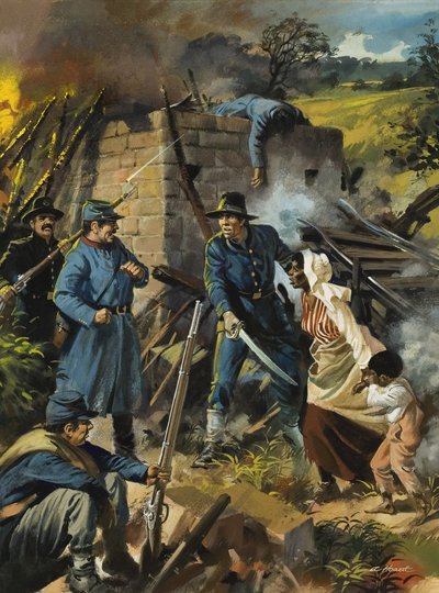 John Brown 30. elokuuta 1856 pysäyttämässä orjuutta kannattavien miesten joukkoa (guassi paperille). tekijältä Andrew Howat