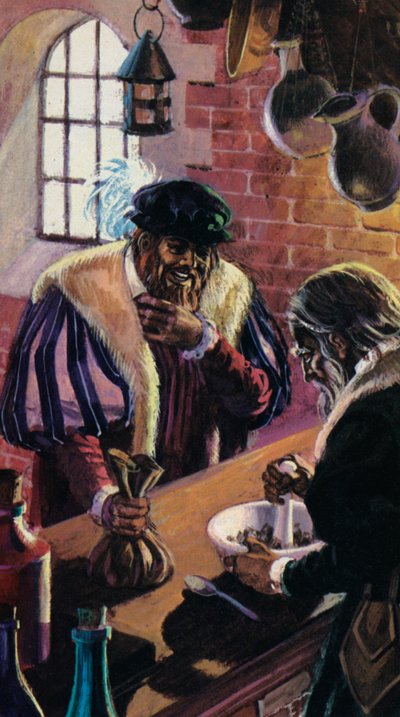 Yksisarvisen jauhemaisen sarven ostaminen keskiajalla (värilitografia). tekijältä Andrew Howat