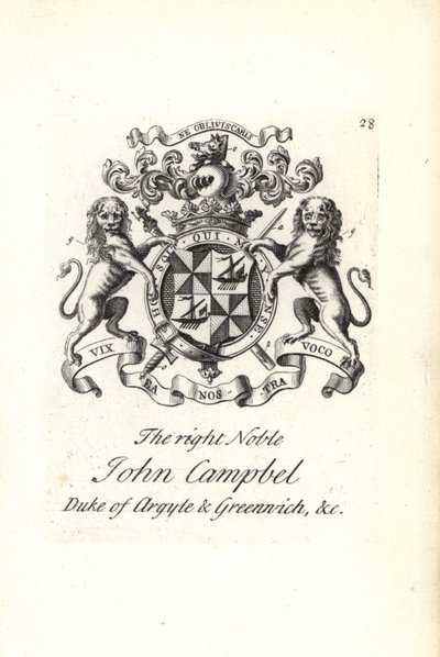 Oikeanpuoleisen aatelisen John Campbellin, Argyllin ja Greenwichin toisen herttua, vaakuna ja vaakuna, tekijältä Andrew Johnston