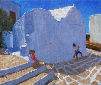 Kriketti kirkon seinällä, Mykonos (öljy kankaalle) tekijältä Andrew Macara