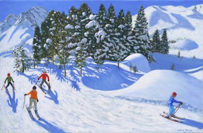 Neljä alppihiihtäjää, 2024,(öljy kankaalle) tekijältä Andrew Macara