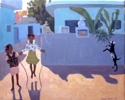 Tyttö hyppäämässä, apina ja vuohi, Intia tekijältä Andrew Macara