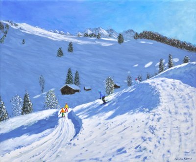 Aamuhiihto, La Clusaz, Ranska, 2018 (öljyä kankaalle) tekijältä Andrew Macara