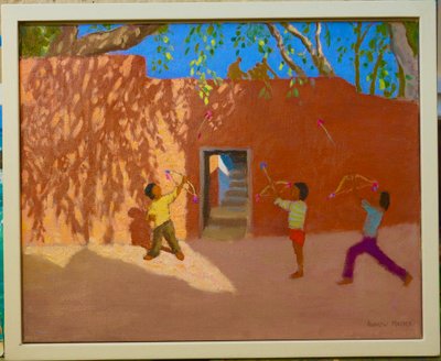 Jousilla ja nuolilla leikkivä, Intia, 2005 (öljy kankaalle) tekijältä Andrew Macara