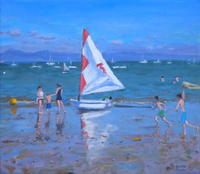Punavalkoinen purjevene ,Abersoch (öljy kankaalle) tekijältä Andrew Macara